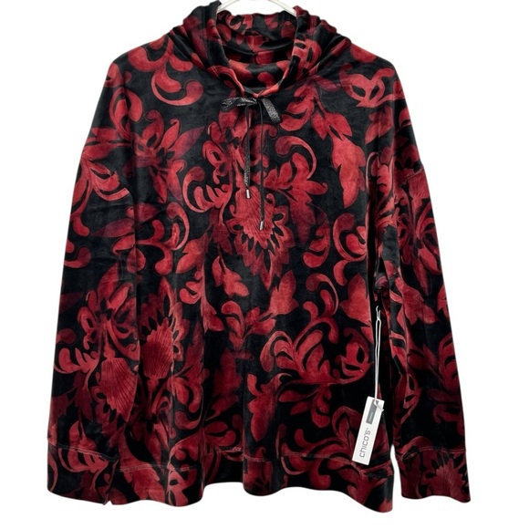 NWT Chico Zenergy Scroll Velour Funnel Neck Long Sleeve Top Deep Merlot & Black - Picture 1 of 10